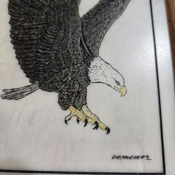Vintage David R Mueller Bald Eagle Hunting Etched Marble Hand Painted Framed 5x7 - Picture 2 of 5